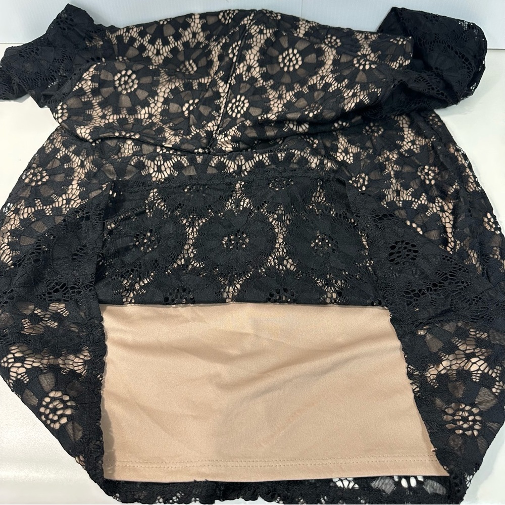 Jessica Howard Black Lace Overlay Sheath Dress Nude Lining 3/4 Sleeve Sz12 Event - Picture 10 of 14